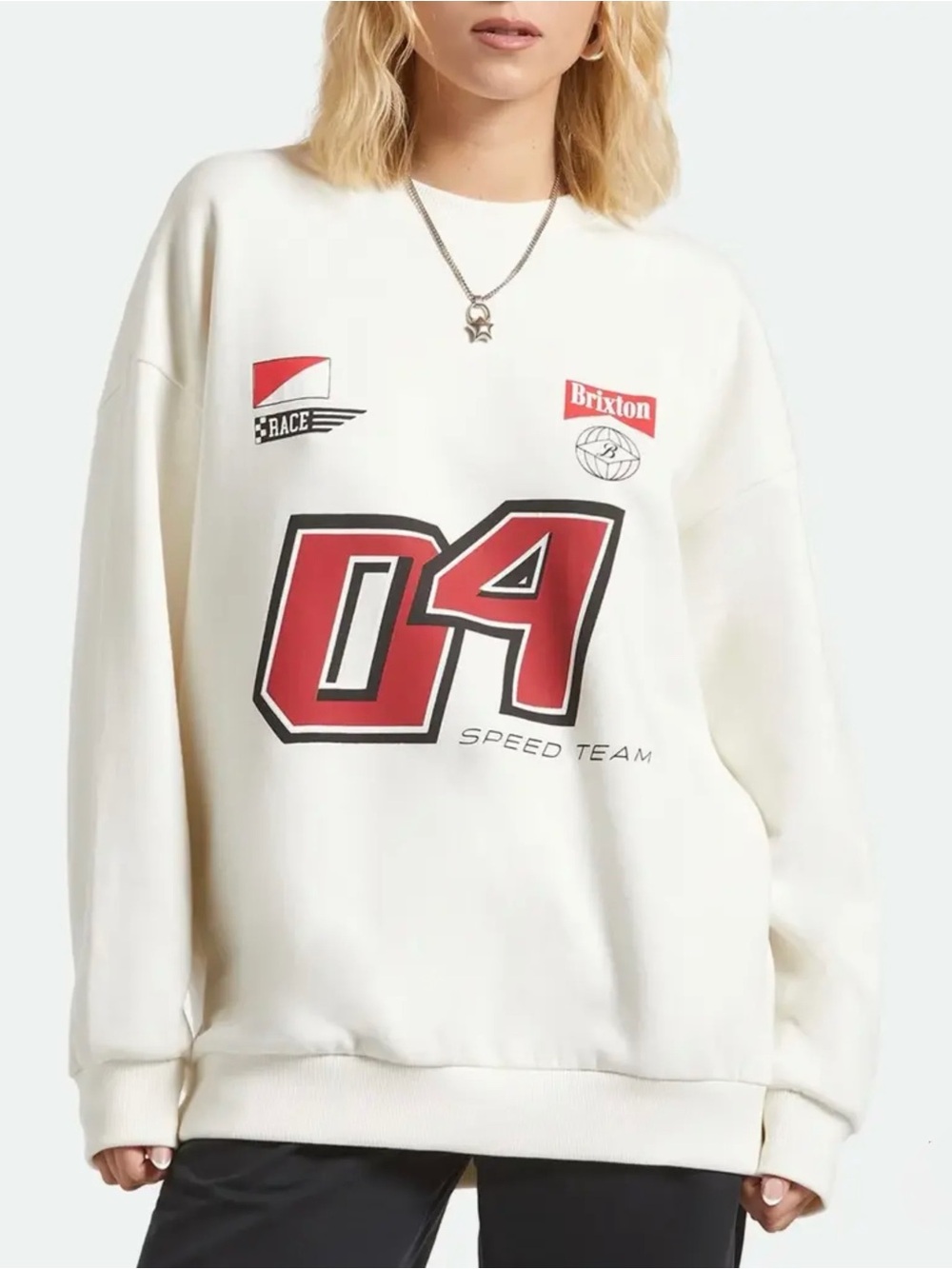 NWT Brixton Speed Team Oversized Crewneck Fleece Sweatshirt Off White, Size L